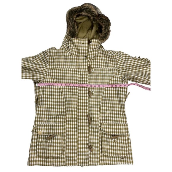 Roxy 5000 Snow Jacket Women Large Gold Cream Checkered Fur Hood Long Sleeve - Picture 13 of 15